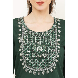 Vivient Women Dark Green Embroidered Kurti with White Pant Set