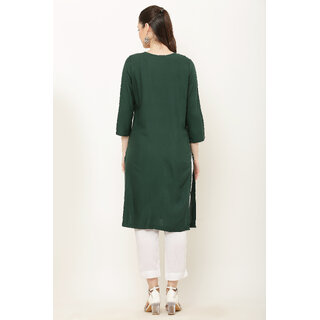 Vivient Women Dark Green Embroidered Kurti with White Pant Set