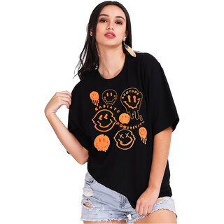 Elegant Women Leotude Black Printed Cotton Blend Round Neck Half Sleeve T-Shirts For Womens 2025
