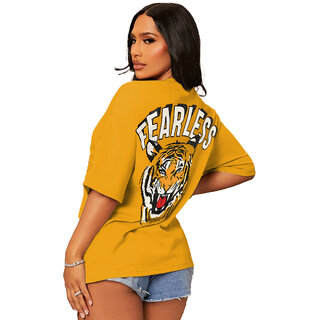 Premium Women Leotude YELLOW Printed Cotton Blend Round Neck Half Sleeve T-Shirts For Womens 202