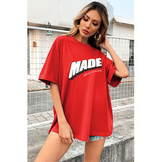 Top Women Leotude Red Printed Cotton Blend Round Neck Half Sleeve T-Shirts For Womens 2025 at Sh