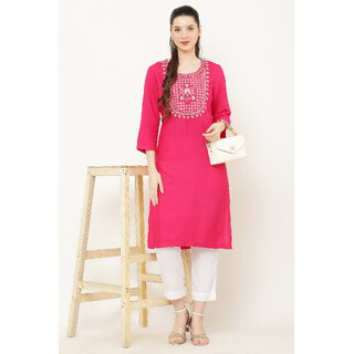 Vivient Women Pink Embroidered Kurti With White Pant - Kurtis, Tunics | Buy online on ZillyBuy
