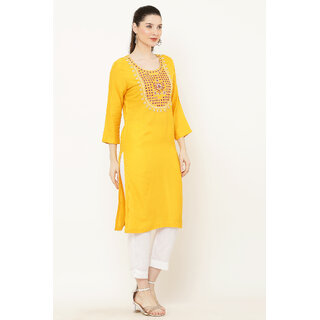 Vivient Women Yellow Embroidered Kurti With White Pant