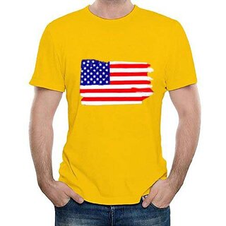 Trendy Men HIT SQUARE USA_flag logo Yellow Pure Cotton Round Neck Printed For Men 2025 at ShopCi
