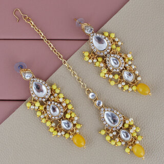 LUCKY JEWELLERY Designer Gold Plated Kundan Yellow Color Tika Earring Set for Girls  women (320-ME2K-1812-Y) - Jewellery Sets | Buy online on ZillyBuy
