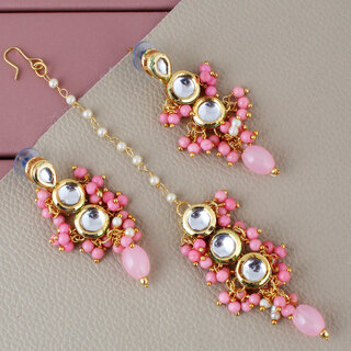 LUCKY JEWELLERY Designer Back Meena Gold Plated Kundan Pink Color Tika Earring Set for Girls  women (293-J5E2K-1810-PK) - Jewellery Sets | Buy online on ZillyBuy