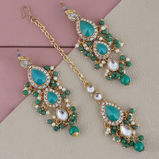 LUCKY JEWELLERY Designer Gold Plated Kundan Light Green Color Tika Earring Set for Girls  women (320-ME2K-1812-LG)