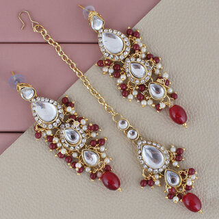 LUCKY JEWELLERY Designer Gold Plated Kundan Maroon Color Tika Earring Set for Girls  women (320-ME2K-1812-M)