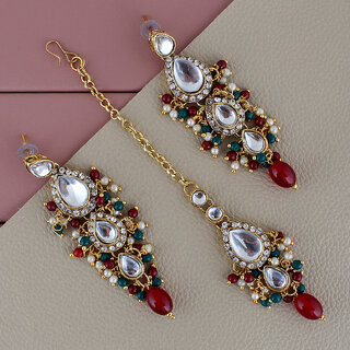 LUCKY JEWELLERY Designer Gold Plated Kundan Maroon Green Color Tika Earring Set for Girls  women (320-ME2K-1812-MG) - Jewellery Sets | Buy online on ZillyBuy