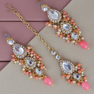 LUCKY JEWELLERY Designer Gold Plated Kundan Peach Color Tika Earring Set for Girls  women (320-ME2K-1812-PH) - Jewellery Sets | Buy online on ZillyBuy