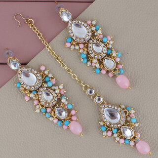 LUCKY JEWELLERY Designer Gold Plated Kundan Pink Firoji Color Tika Earring Set for Girls  women (320-ME2K-1812-PKF) - Jewellery Sets | Buy online on ZillyBuy