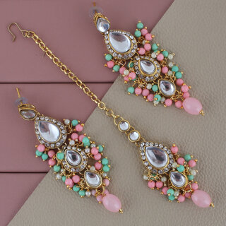 LUCKY JEWELLERY Designer Gold Plated Kundan Pink Mint Color Tika Earring Set for Girls  women (320-ME2K-1812-PKMNT) - Jewellery Sets | Buy online on ZillyBuy