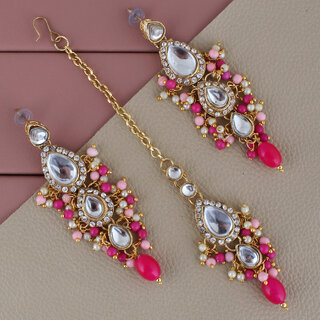 LUCKY JEWELLERY Designer Gold Plated Kundan Pink Magenta Color Tika Earring Set for Girls  women (320-ME2K-1812-PKR) - Jewellery Sets | Buy online on ZillyBuy