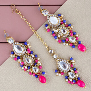 LUCKY JEWELLERY Designer Gold Plated Kundan Magenta Blue Color Tika Earring Set for Girls  women (320-ME2K-1812-RB) - Jewellery Sets | Buy online on ZillyBuy