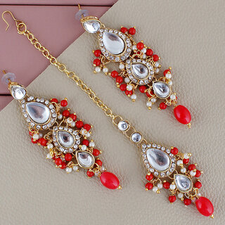 LUCKY JEWELLERY Designer Gold Plated Kundan Red Color Tika Earring Set for Girls  women (320-ME2K-1812-RED)