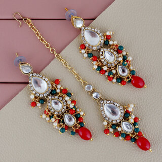 LUCKY JEWELLERY Designer Gold Plated Kundan Red Green Color Tika Earring Set for Girls  women (320-ME2K-1812-RED-G) - Jewellery Sets | Buy online on ZillyBuy