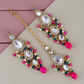 LUCKY JEWELLERY Designer Gold Plated Kundan Magenta Green Color Tika Earring Set for Girls  women (320-ME2K-1812-RG) - Jewellery Sets | Buy online on ZillyBuy
