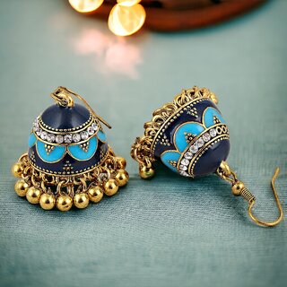 LUCKY JEWELLERY Antique Gold Plated Firoji Blue Color Meenakari Jhumki Earring For Girls & Women (200-CHJM1-1150-FB) - Earrings | Buy online on ZillyBuy