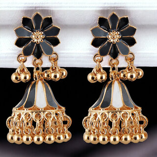 LUCKY JEWELLERY Gold Plated Black And White Color Floral Meenakari Jhumki Earring For Girls & Women (240-CHJM1-1146-BLW) - Earrings | Buy online on ZillyBuy