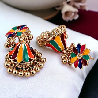 LUCKY JEWELLERY Gold Plated Multi Color Floral Meenakari Jhumki Earring For Girls & Women (240-CHJM1-1146-MT) - Earrings | Buy online on ZillyBuy