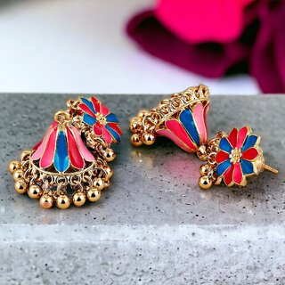 LUCKY JEWELLERY Gold Plated Pink And Blue Color Floral Meenakari Jhumki Earring For Girls & Women (240-CHJM1-1146-PKB) - Earrings | Buy online on ZillyBuy