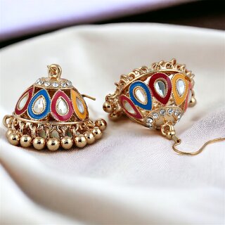 LUCKY JEWELLERY Gold Plated Multi Color Meenakari Jhumki Earring For Girls & Women (250-CHJM1-1149-MT) - Earrings | Buy online on ZillyBuy