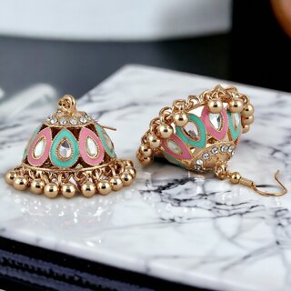 LUCKY JEWELLERY Gold Plated Pink And Mint Color Meenakari Jhumki Earring For Girls & Women (250-CHJM1-1149-PKMNT) - Earrings | Buy online on ZillyBuy
