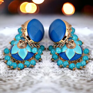 LUCKY JEWELLERY Gold Plated Firoji And Blue Color Meenakari Jhumki Earring For Girls & Women (265-CHJM1-1151-FB) - Earrings | Buy online on ZillyBuy