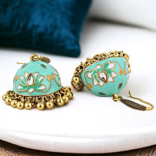 LUCKY JEWELLERY Antique Gold Plated Mint Color Meenakari Jhumki Earring For Girls & Women (275-CHJM1-1147-MNT) - Earrings | Buy online on ZillyBuy
