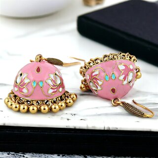 LUCKY JEWELLERY Antique Gold Plated Pink Color Meenakari Jhumki Earring For Girls & Women (275-CHJM1-1147-PK) - Earrings | Buy online on ZillyBuy
