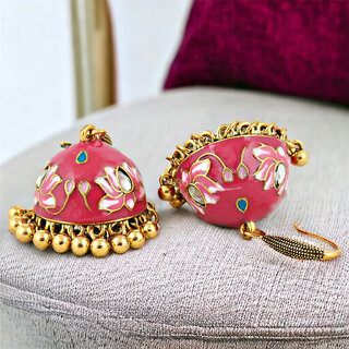 LUCKY JEWELLERY Antique Gold Plated Magenta Color Meenakari Jhumki Earring For Girls & Women (275-CHJM1-1147-R)