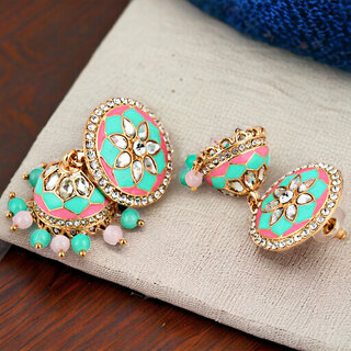 LUCKY JEWELLERY Gold Plated Pink And Mint Color Meenakari With Jhumki Earring For Girls & Women (325-CHJM1-1152-PKMNT) - Earrings | Buy online on ZillyBuy