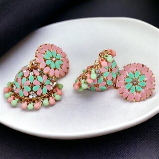 LUCKY JEWELLERY Gold Plated Pink And Mint Color Floral Jhumki Earring For Girls & Women (525-CHJS-1153-PKMNT)