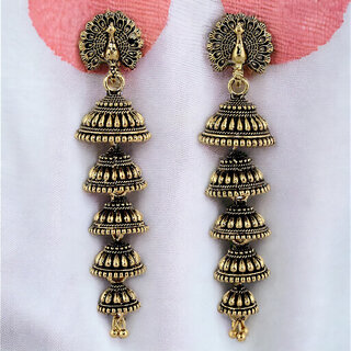 LUCKY JEWELLERY Traditional Ethnic Oxidised Gold Long Five Layered Jhumki Earring For Girls & Women (126-XJO-1841) - Earrings | Buy online on ZillyBuy