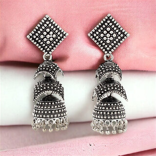 LUCKY JEWELLERY Traditional Ethnic Oxidised Silver Long Jhumka For Girls & Women (149-XJO-1840-S)