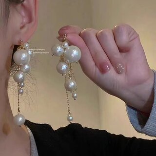 Lucky Jewellery Designer White Color Pearl Chain Fringe Dangle Earrings For Girls & Women (290-CHEM-1229) - Earrings | Buy online on ZillyBuy