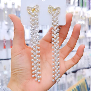 Lucky Jewellery Designer White Color Pearl Chain Fringe Dangle Earrings For Girls & Women (450-CHEM-1222) - Earrings | Buy online on ZillyBuy