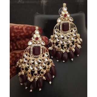 Real CZ Wine Monalisa Stones Precious Pearls Chandbali Earrings Set - Earrings | Buy online on ZillyBuy