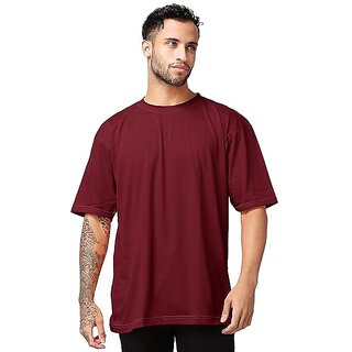 New Men Roundfeet Men's Maroon Cotton Relaxed-Fit T-Shirts with Round Neck Oversize Perfect Loos