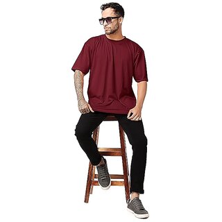 New Men Roundfeet Men's Maroon Cotton Relaxed-Fit T-Shirts with Round Neck Oversize Perfect Loos