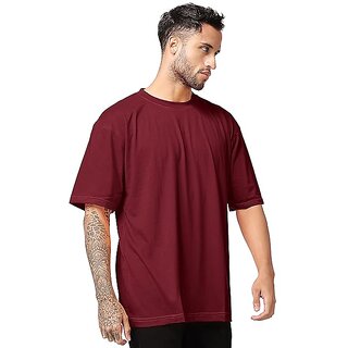 New Men Roundfeet Men's Maroon Cotton Relaxed-Fit T-Shirts with Round Neck Oversize Perfect Loos