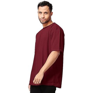 New Men Roundfeet Men's Maroon Cotton Relaxed-Fit T-Shirts with Round Neck Oversize Perfect Loos