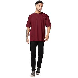 New Men Roundfeet Men's Maroon Cotton Relaxed-Fit T-Shirts with Round Neck Oversize Perfect Loos