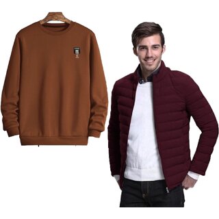 (Combo of 2) Fashlook Mens Brown Solid Round Neck Full Sleeve Sweatshirt and Fashlook Bomber Solid Full Sleeve Maroon Jacket for Mens