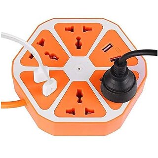 220 Watt 10Amp 4 USB Hexagon Extension Board and 4 Socket Outlet Ports with 6 ft Surge Protection Multi-Faceted Safety