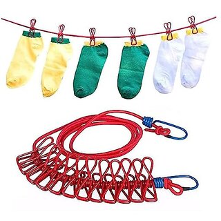 Multi Functional Portable Drying Rope with 12 Clips and 2 Hooks Travel Clothesline Rope Clothes Hanging Hook Outdoor Indoor Wind-Proof