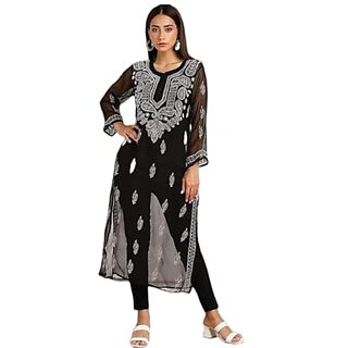 Elegant Black Pure Lucknawi Chicken Kurti Chiffon Kurti - Kurtas & Kurta Sets | Buy online on ZillyBuy
