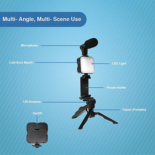Vlogging kit for Video Making with Bluetooth,Mic,LED Light&PhoneHolder,Tripod Tripod Kit(Dark Black, Supports Up to 1000 g)