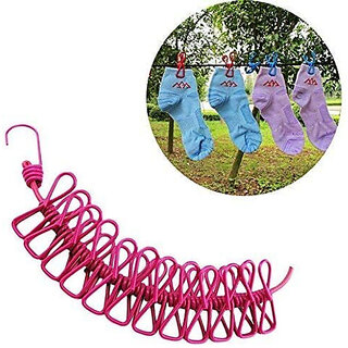 Pink Green Drying Rope with 12 Clips Portable Outdoor Clothesline Pack Of 2 Nylon Retractable Clothesline(2 m)