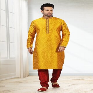 Top Men Raivat Ethnic Mustard Colour Jacquard Silk Brocade Kurta Pajama 1004 2025 at ShopCircuit